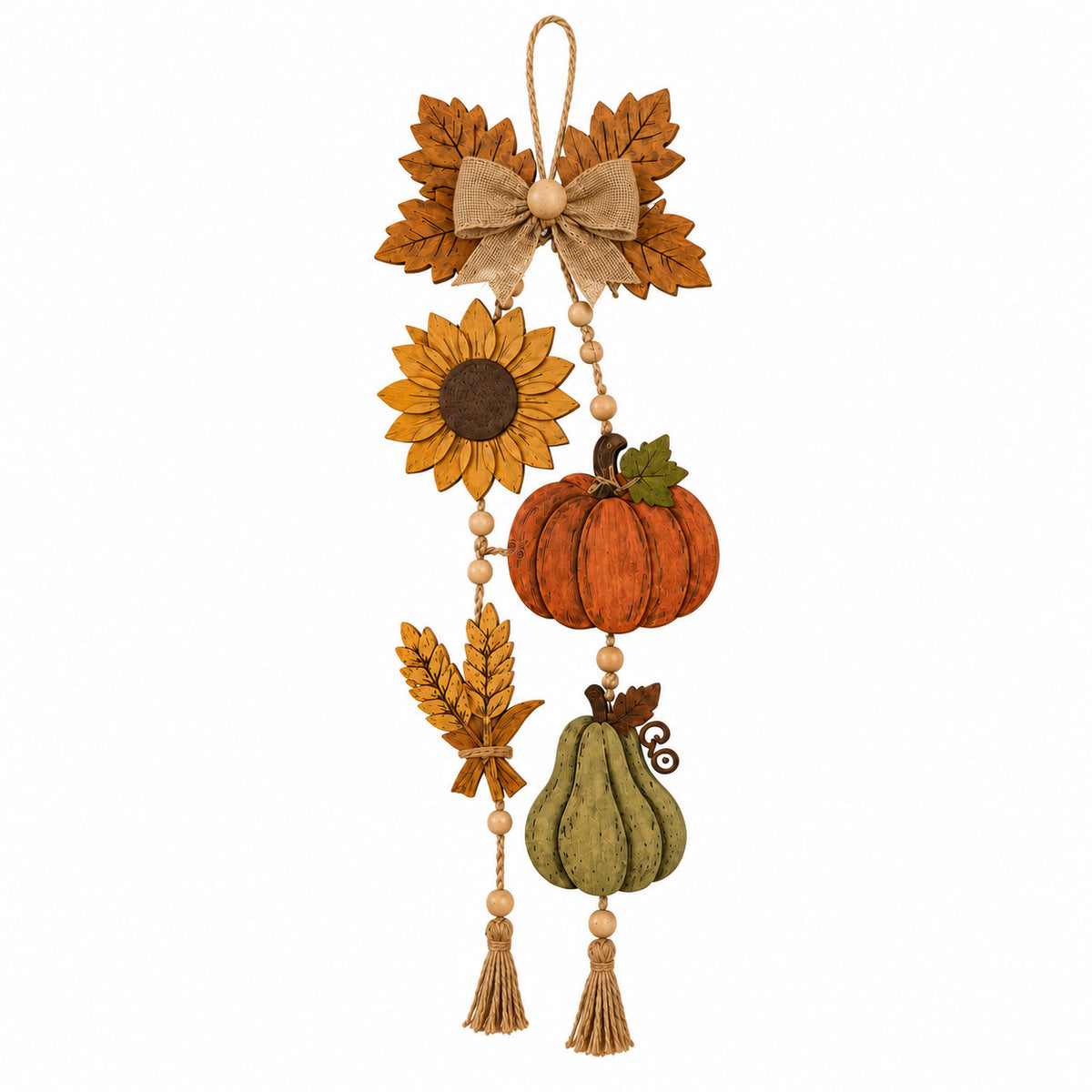 Herbstliche Wandhänger‑Girlande aus Holzoptik mit Kürbis, Sonnenblume und Quasten