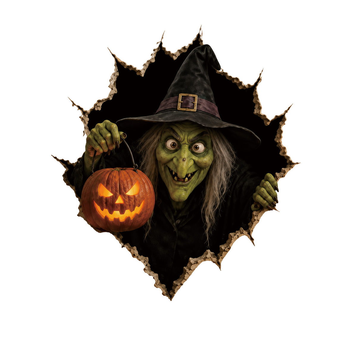 Realistisches 3D Wandtattoo Halloween‑Hexe mit durchbrechender Wand und Süßigkeiten