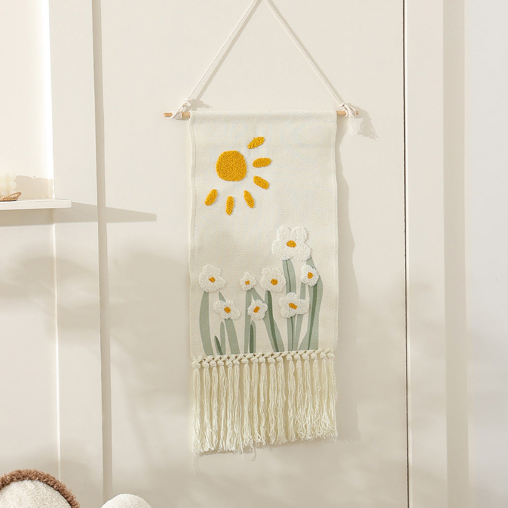 Wandbehang aus gewebter Baumwolle mit Punch-Needle Blumenrelief und Fransen Brehn