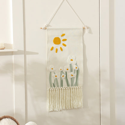 Wandbehang aus gewebter Baumwolle mit Punch-Needle Blumenrelief und Fransen Brehn