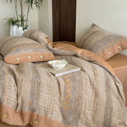 Bettwäschegarnitur aus Baumwoll-Leinenmix mit strukturierter Jacquard-Steppung und Knopfverschluss