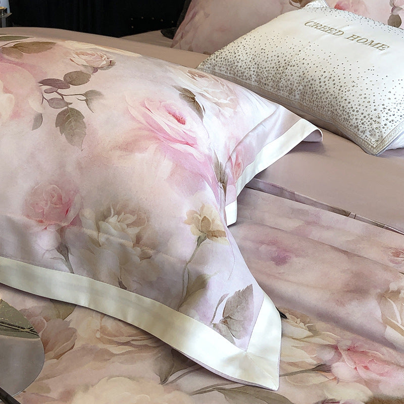 Luxuriöses Baumwollsatin-Bettwäsche-Set mit Aquarell-Rosenmuster und Satin-Bordüre