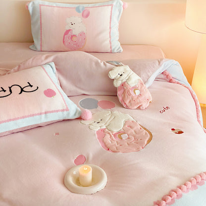 Kinderbettwäsche-Set mit Teddy-Fleece-Decke, Pompon-Saum und niedlichem Welpen-Motiv