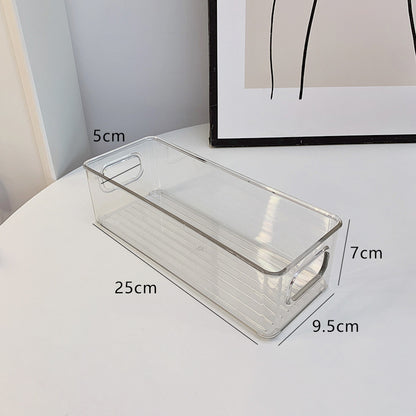 Flache transparente Aufbewahrungsbox mit integrierten Griffen und rutschfestem Boden