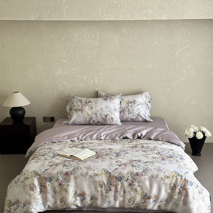 Luxuriöses Satin-Bettwäsche-Set mit floralem Aquarellprint und seidig-glänzendem Finish