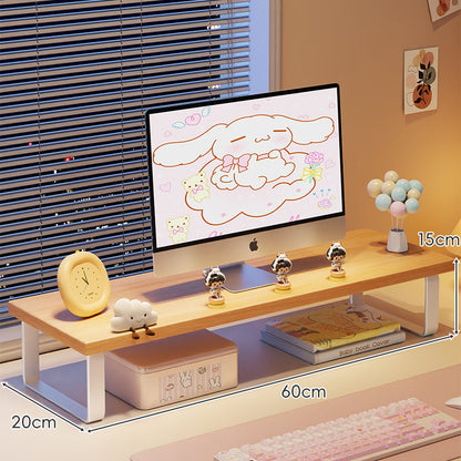 Erhöhter Monitorständer mit Holz-Optik-Oberfläche, Metallrahmen und Unterregal-Stauraum