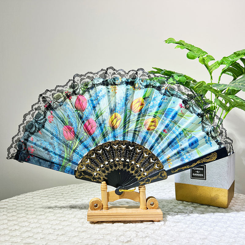 Damen Eleganter Handfächer mit floralem Design und Spitzenrändern Brehn