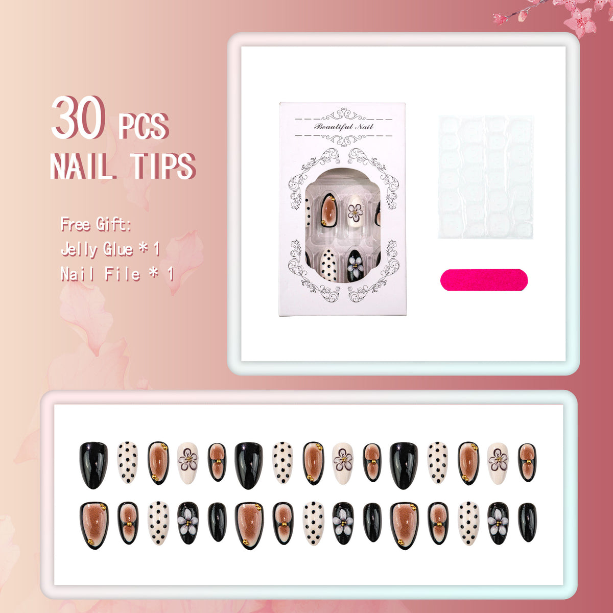 Künstlerisches Press-On-Nagelset mit floralen und gepunkteten Designs