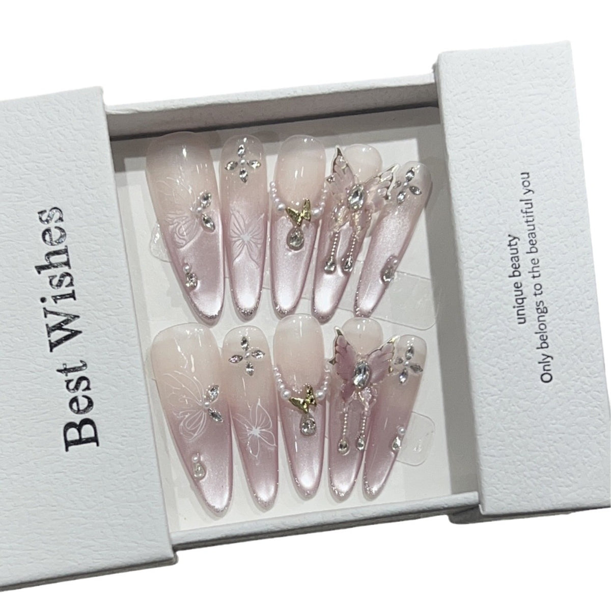 Künstlerisches Stiletto Press-On Nageldesign-Set mit Schmetterlings- und Edelsteinakzenten Brehn