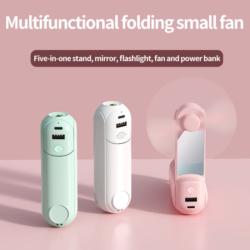 Unisex nan tragbarer faltbarer Ventilator mit eingebautem USB-Powerbank und kompaktem Spiegel Brehn