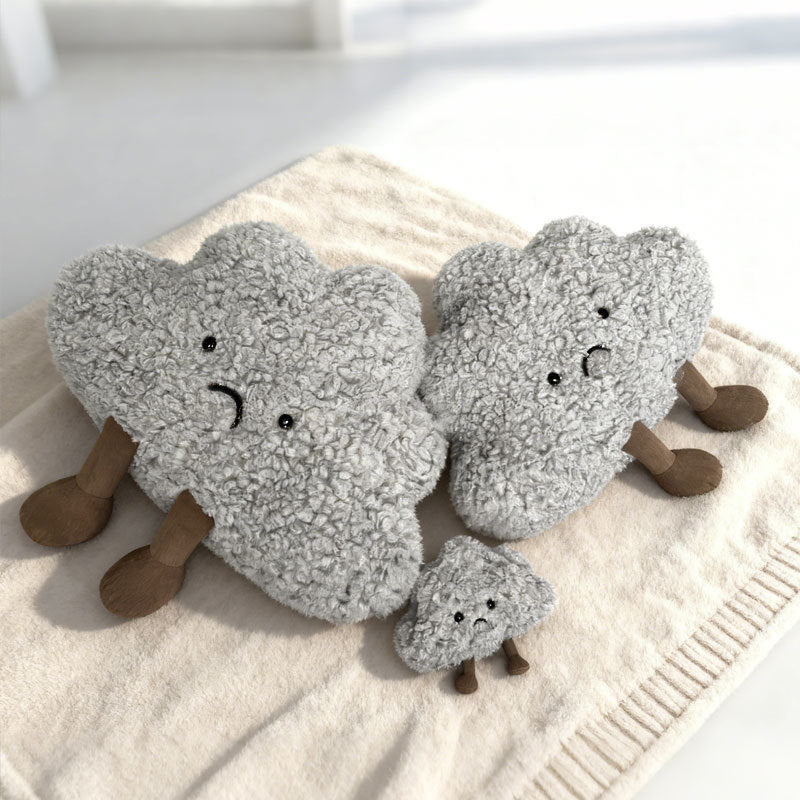 Curly Faux-Fur Traurige Wolken Plüschkissen mit Cord-Beinen und gesticktem Gesicht Brehn