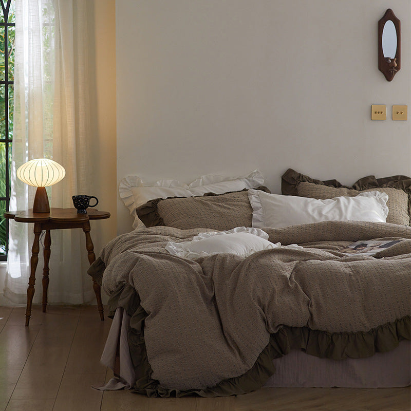 Gestepptes gewaschenes Baumwoll-Rüschendeckenbezug-Set mit Kissenbezügen und Bett-Skirt