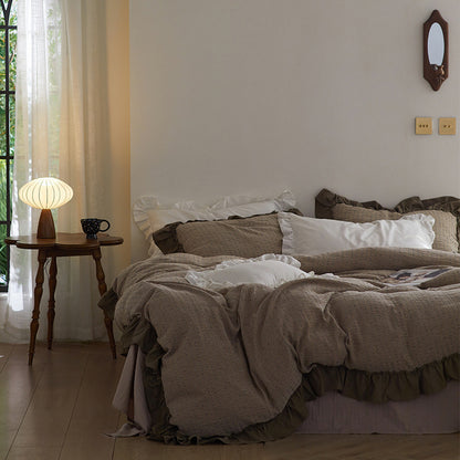Gestepptes gewaschenes Baumwoll-Rüschendeckenbezug-Set mit Kissenbezügen und Bett-Skirt