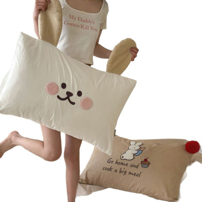 Süßes Polka-Dot-Baumwoll-Bettbezug-Set mit Cartoon-Hasen-Stickerei und roten Pompon-Tasseln