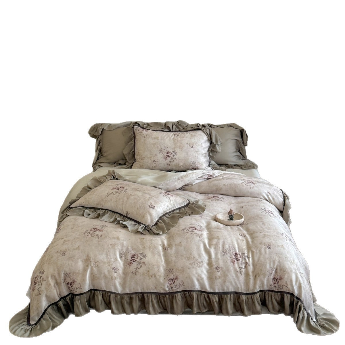 Vintage-Textur Floral Baumwoll-Bettbezug-Ensemble mit Rüschensatinrand