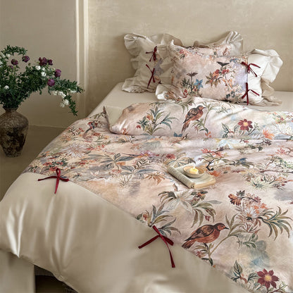 Floral Rüsch Satin-Feel Bettbezug Set mit Vogelprint und Band-Tie Kissenbezügen