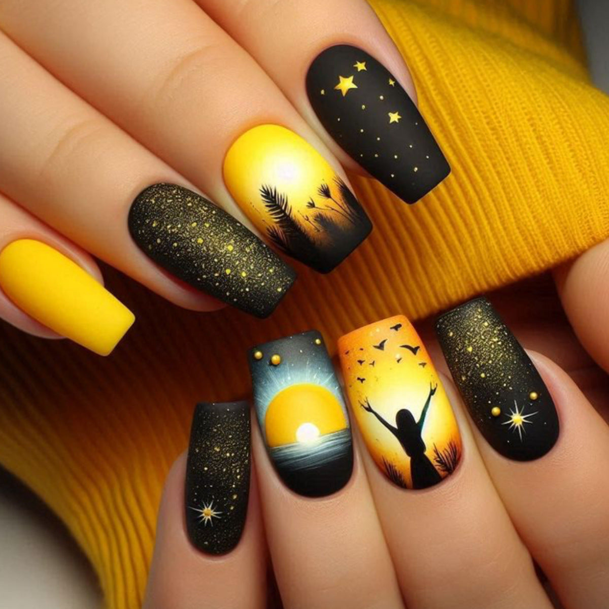Künstlerische Sonnenuntergang-Nagelkunstverlängerungen Brehn
