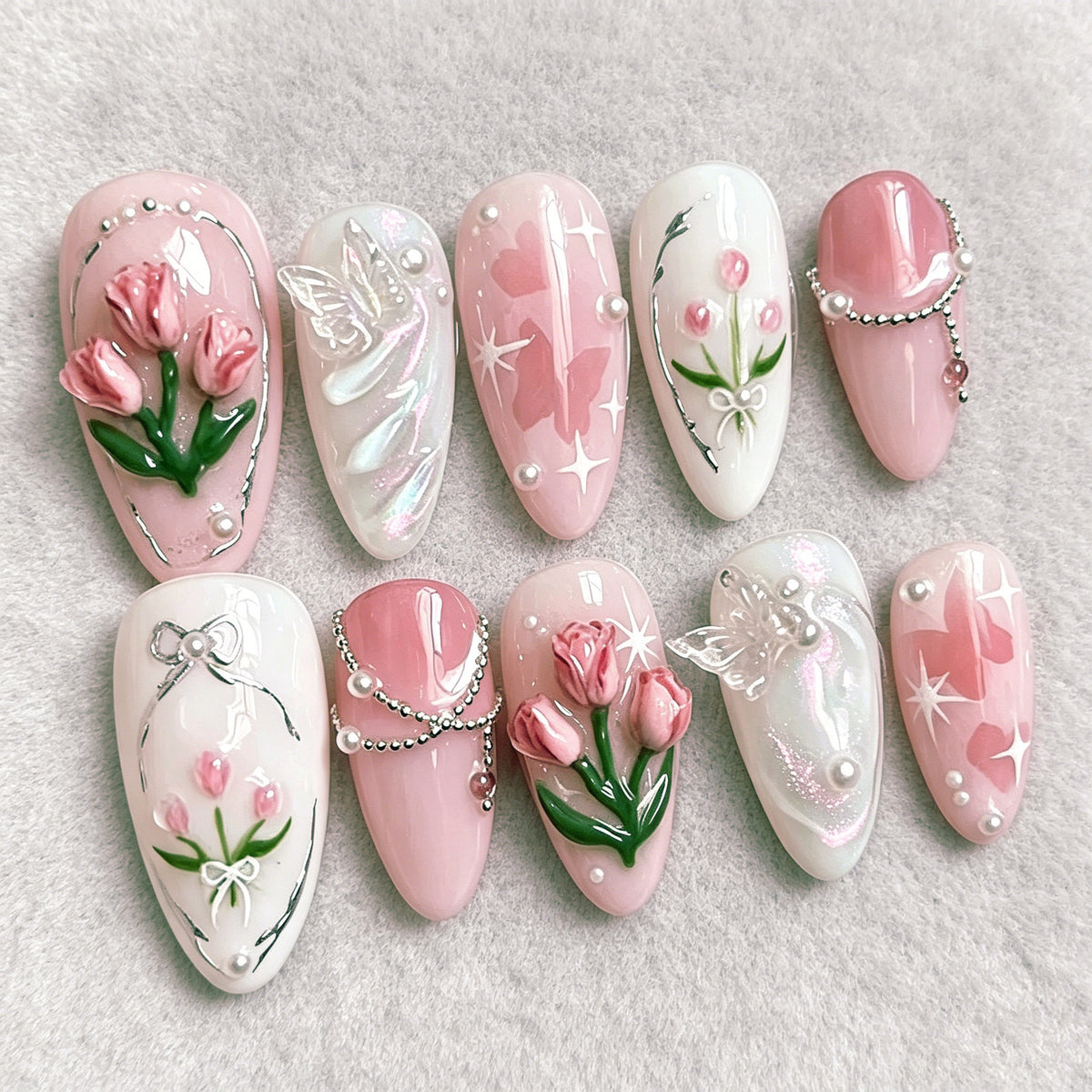 Blumenmuster Press-On Nagelkunstset mit 3D-Elementen Brehn