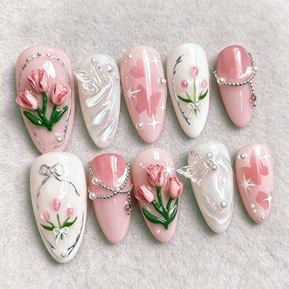 Blumenmuster Press-On Nagelkunstset mit 3D-Elementen Brehn