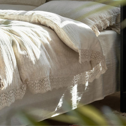 Gecoat Leinen-Mischung Gaze Bettbezug Set mit Häkelspitze und gebundenem Bolster