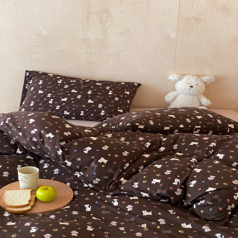 Umkehrbare Baumwoll-Percale Bettwäsche und Kissenbezug Set mit verspieltem Welpen Blumenmuster