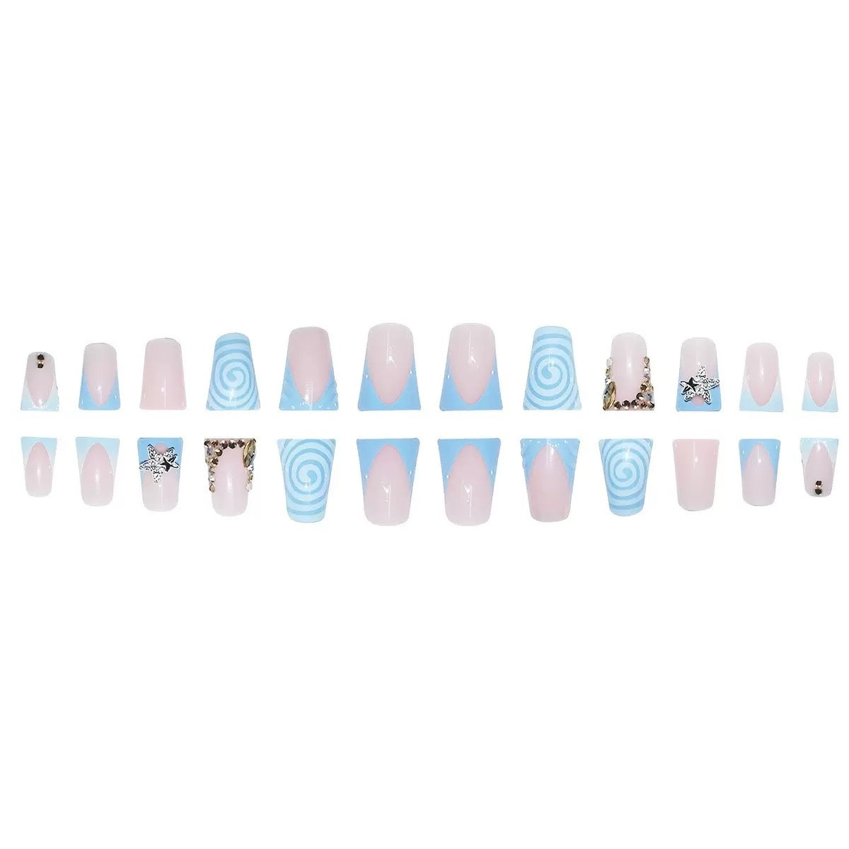 Künstlerisches Lange Press-On Nageldesign mit 3D Sternakzenten Brehn