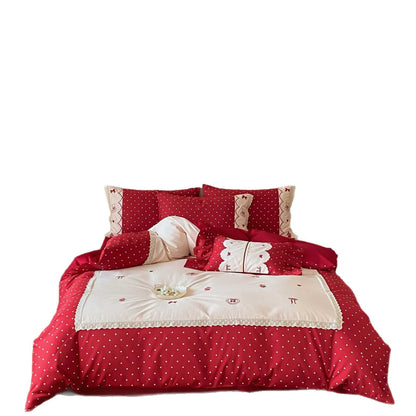 Bettwäsche-Garnitur im Landhausstil mit Pünktchen‑Design, Zierborte und Kopfkissen‑Set
