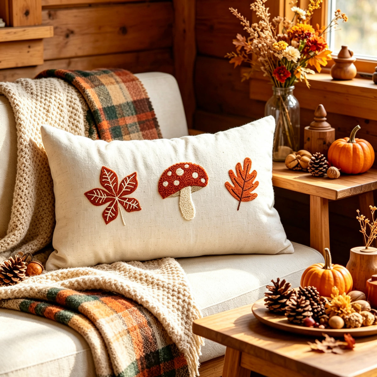 Bestickte Herbst-Wurfkissenhülle mit Pilz- und Blattanwendung