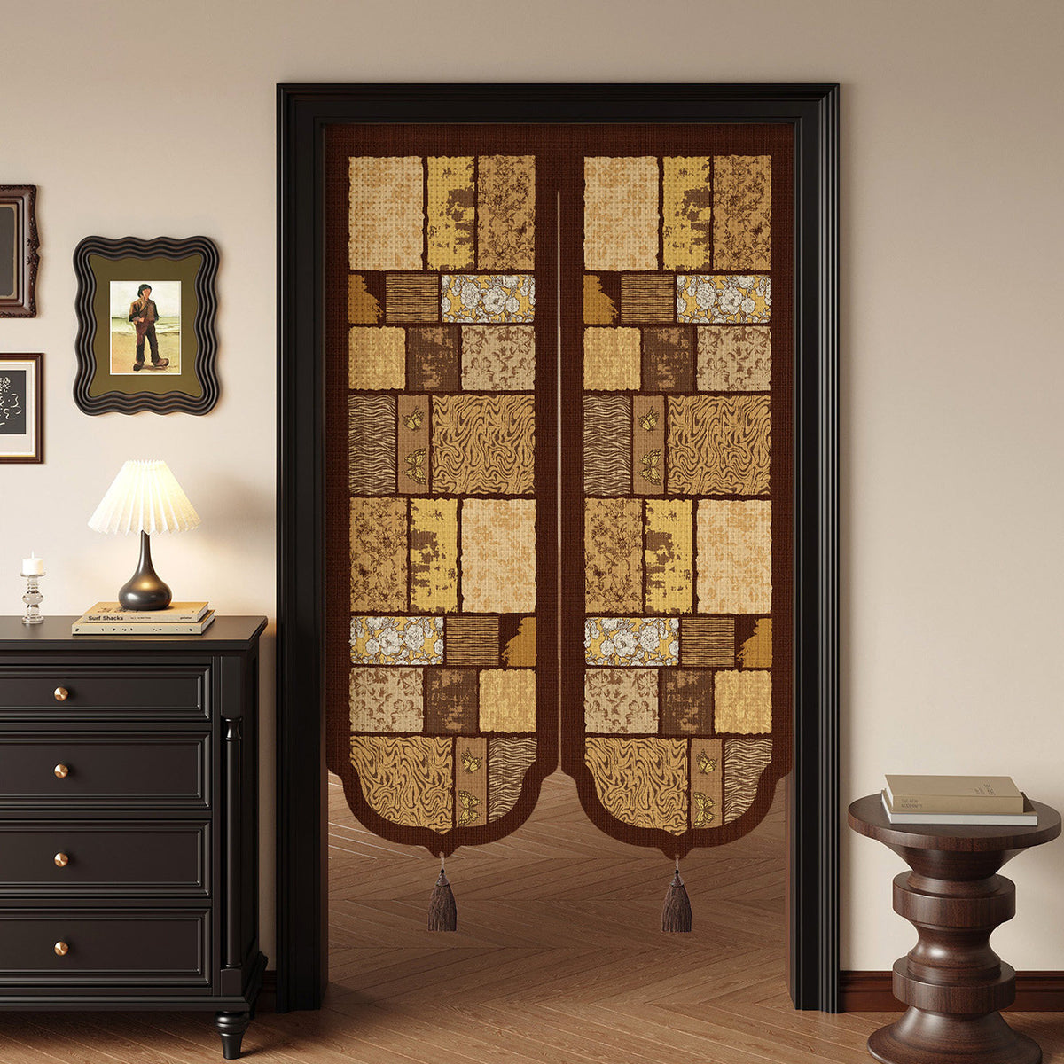 Botanical Patchwork Split-Panel Noren Doorway Curtain with Weighted Tassels