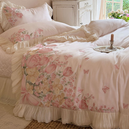 Gerüschtes Satin-Feeling Blumenbesticktes Bettbezug-Set mit Faltenrüschensaum