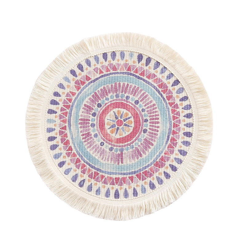 Runder flachgewebter Baumwoll-Teppich mit Mandala-Motiv und dekorativen Fransen Brehn