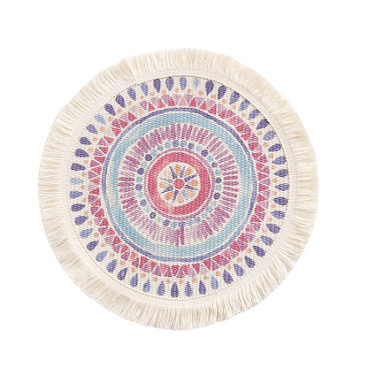 Runder flachgewebter Baumwoll-Teppich mit Mandala-Motiv und dekorativen Fransen Brehn