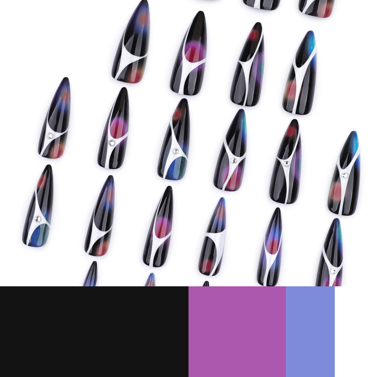 Kunstvolle Stiletto-Nägel mit glitzernden Akzenten und geometrischem Design Brehn