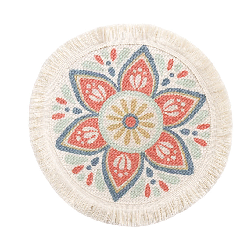 Runder flachgewebter Baumwoll-Teppich mit Mandala-Motiv und dekorativen Fransen Brehn