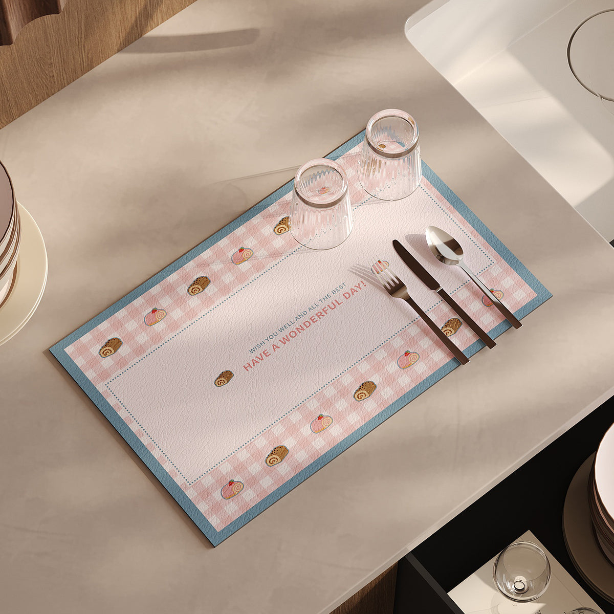 Striped Faux-Leather Table Placemat with Decorative Snail Print