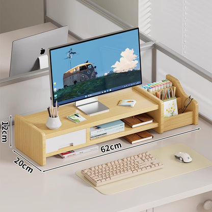 Massivholz-Monitorständer und Schreibtischorganizer mit zweistufigem Regal und Kabelmanagement