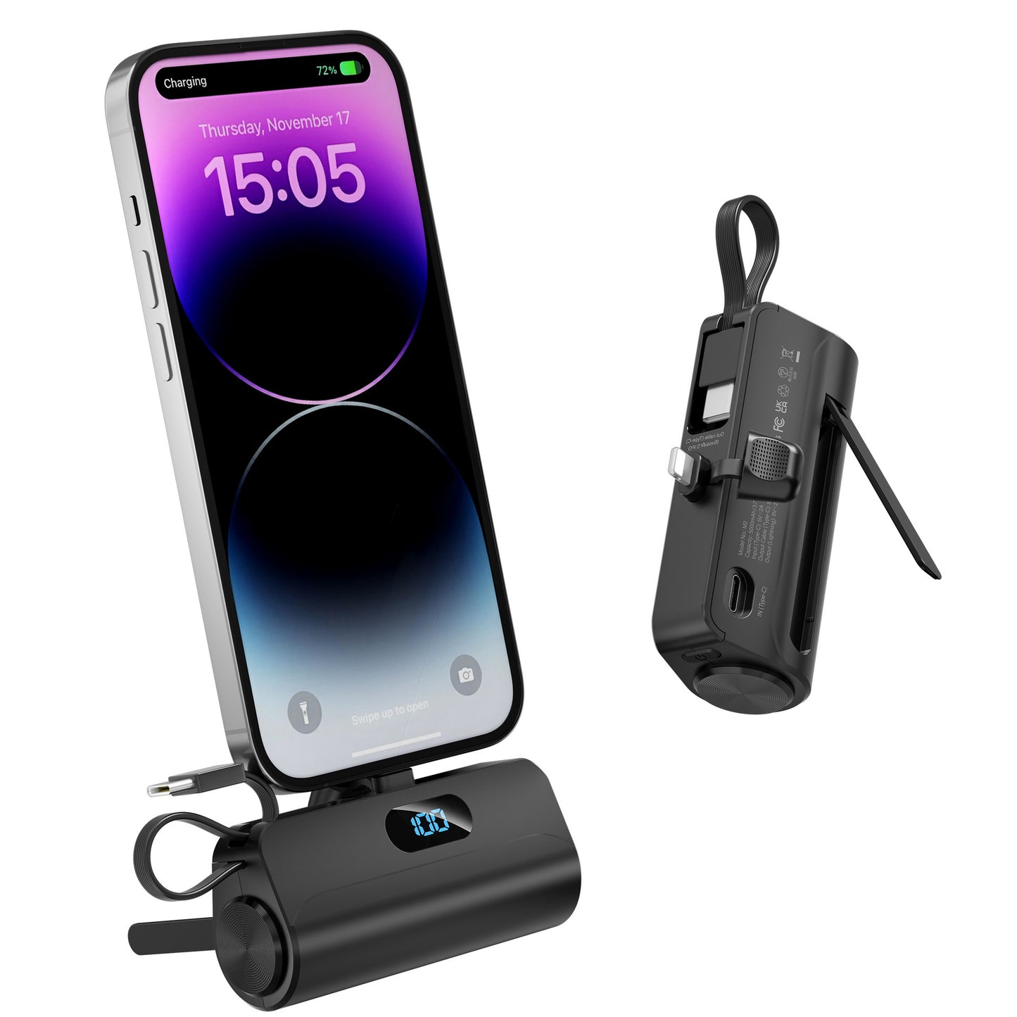 Tragbare Powerbank mit Integriertem Micro-Usb-Kabel und Led-Taschenlampe Brehn