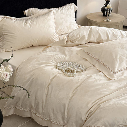 Jacquard Floral Satin-Effekt Bettbezug Set mit gewelltem Spitzenrand