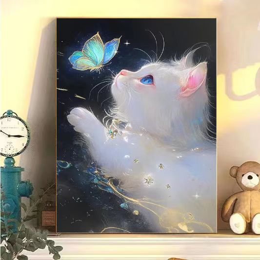 Verzaubernder Katzen- und Schmetterlings-Kunstdruck Brehn