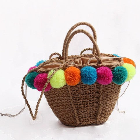 Damen Strandtasche mit bunten Pompons Brehn
