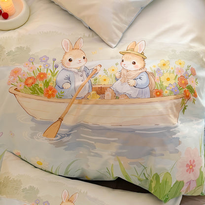 Romantische Satin-Bettwäschegarnitur mit floraler Aquarell-Illustration und Mondhäschen-Applikation Brehn