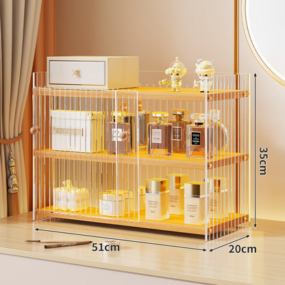 Mehrerebenen-Acryl-Parfüm- und Make-up-Displayregal mit schiebbaren Türchen mit goldenen Verzierungen