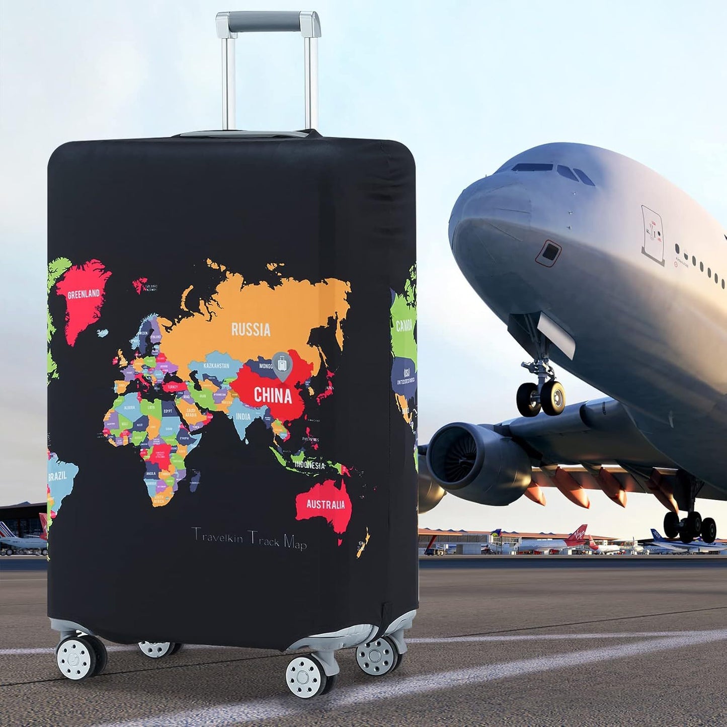 Unisex nan elastische Koffer-Schutzhülle mit weltreise Motiv für Hartschalen-Trolley und Spinner-Rollen Brehn