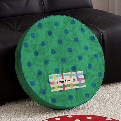 Round Plush Floor Cushion Pouf with Polka Dot Texture and Playful Have Fun Patch