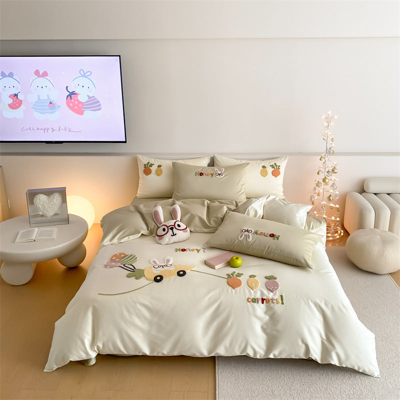 Kinder-gesticktes Baumwollsatin Bettwäsche Set mit plüschigem Hasenkissen und Karotten-Applikation
