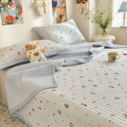 Gesteppte Baumwollbettdecke-Set mit Wendbarem Uni-Rücken und Mini Teddy Motiv