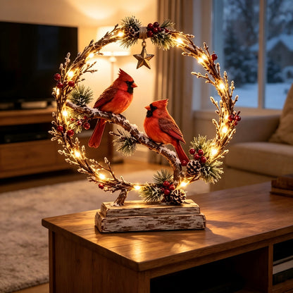 Dekorativer Weihnachtskranz mit Lichtern und Vögeln Brehn