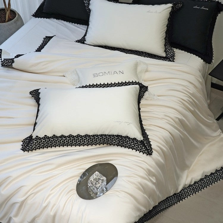 Luxus Baumwoll-Satin Bettbezug Set mit Spitze Applikation und gewelltem Rand