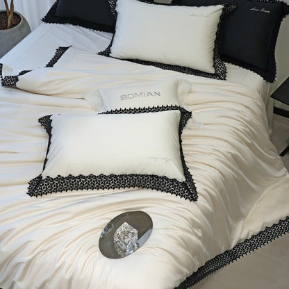 Luxus Baumwoll-Satin Bettbezug Set mit Spitze Applikation und gewelltem Rand