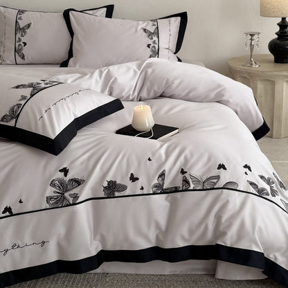 Botanische Schmetterling Bestickte Baumwollsatin Wendebettwäsche Set mit kontrastfarbigem Paspelrand und Euro-Kissenbezügen